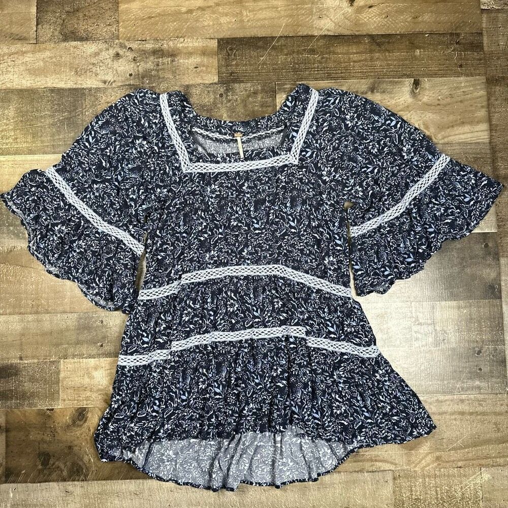 Free People Women’s Small Boho Tunic Blouse Black Blue Floral Square Neck Top